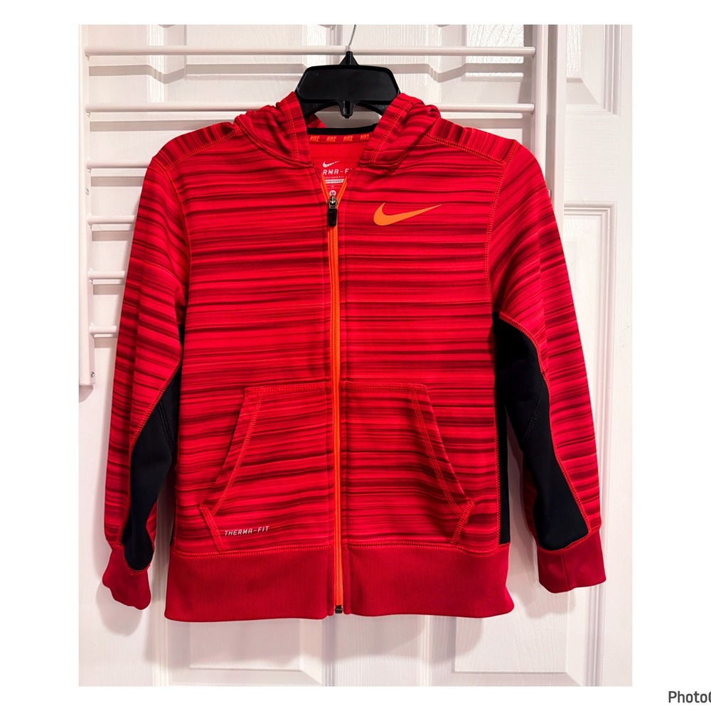 Nike Red Black Zip Hooded Jacket Therma Fleece Boys Medium